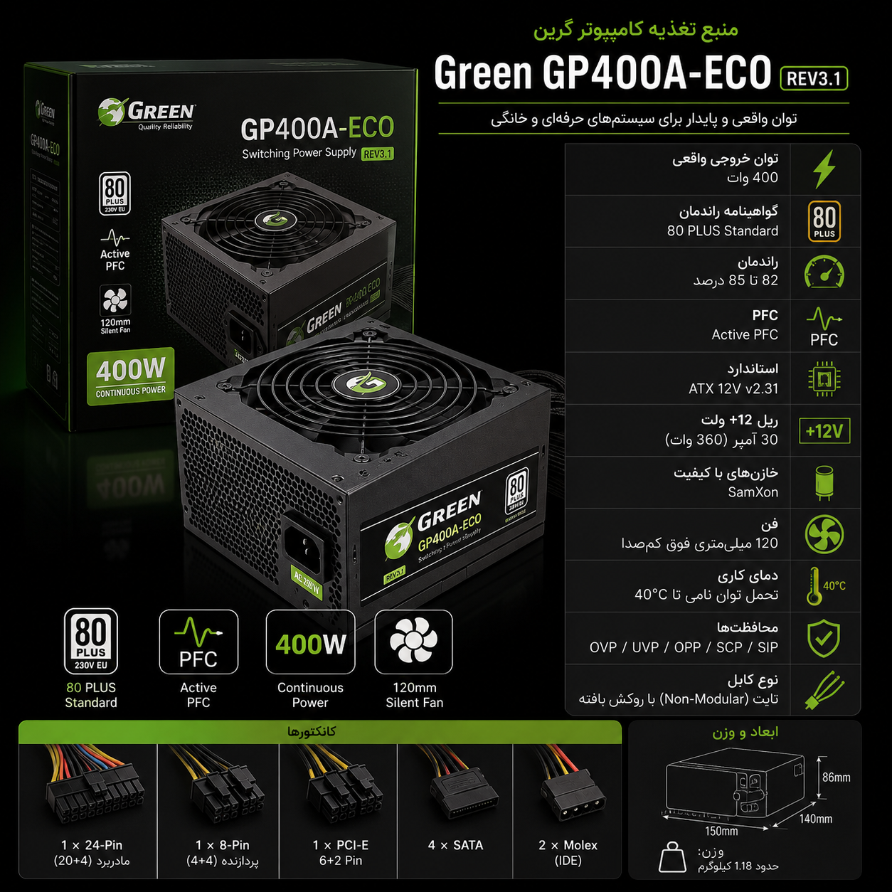 منبع تغذیه(پاور) کامپیوتر گرین GREEN GP400A-ECO - Image 2